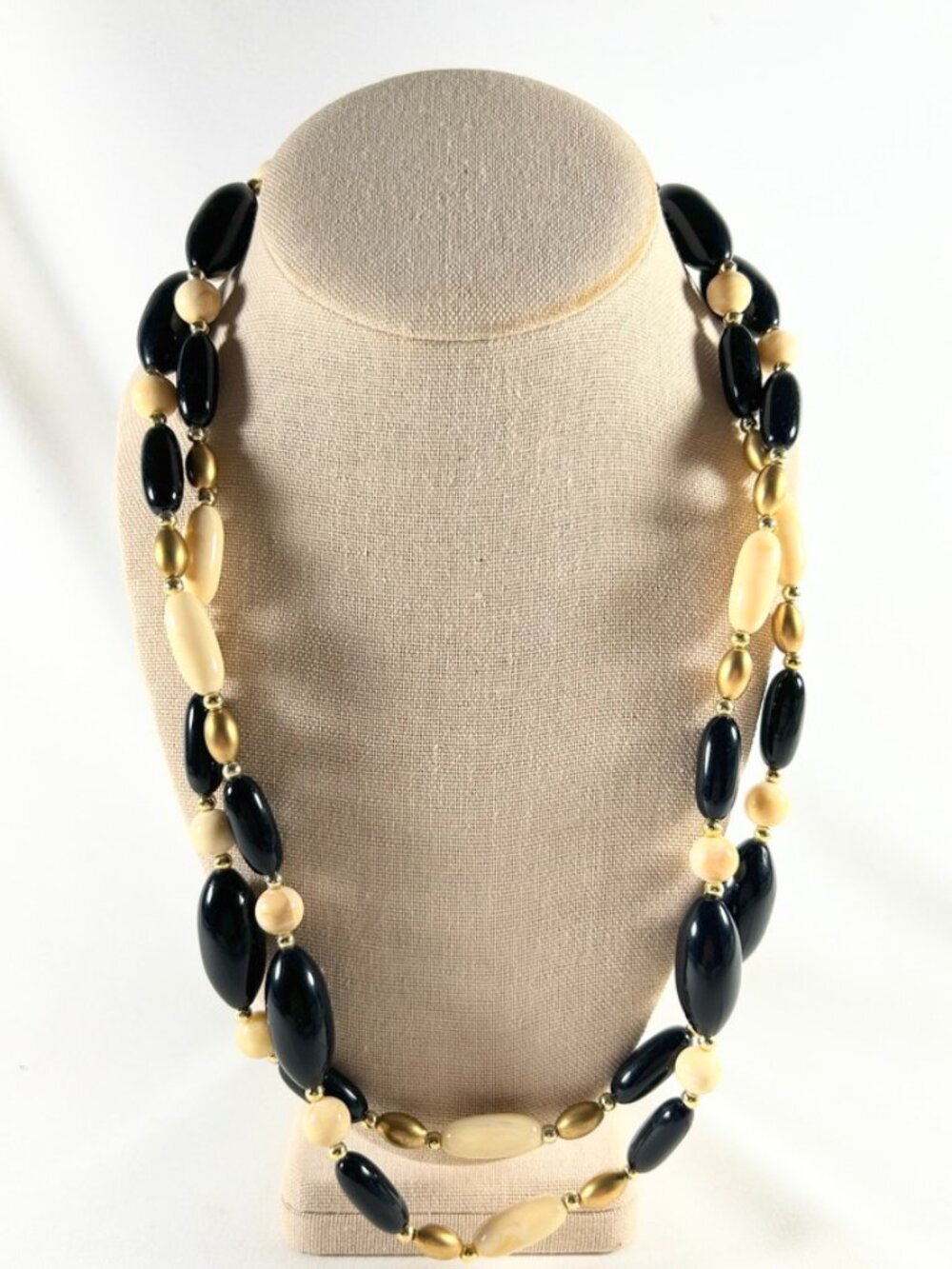 Necklace, 48 Inches Long, In Gold, White, & Black Acrylic Beads